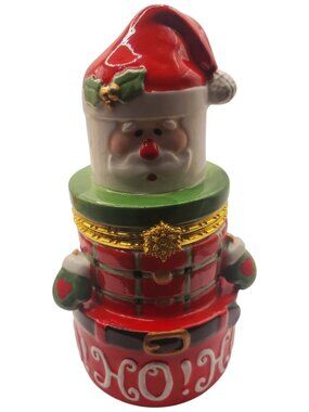 Santa Claus Christmas Trinket Box With Gold Trim Decorative Ceramic Holiday